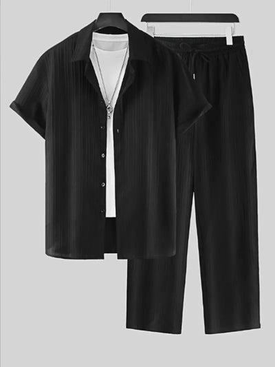 Shirt Breasted Lapel Suit Men Striped Short-sleeved