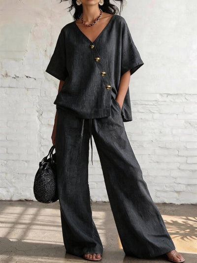 Loose Cotton-Linen V-Neck Wide-Leg Pants Two-Piece Set