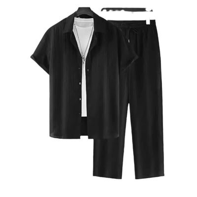Shirt Breasted Lapel Suit Men Striped Short-sleeved