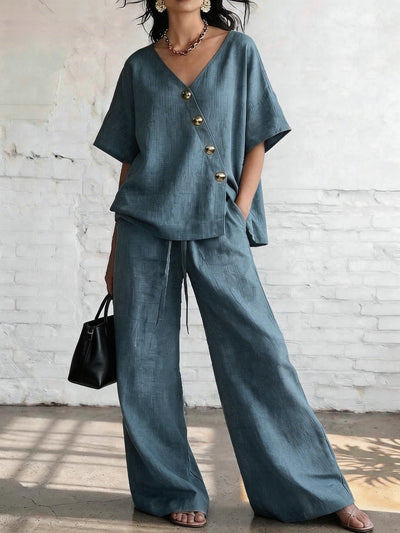 Loose Cotton-Linen V-Neck Wide-Leg Pants Two-Piece Set