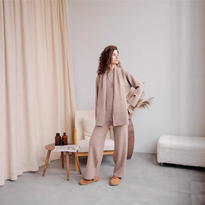 Women's Knitted Sweater Wide Leg Pants Suit