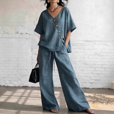 Loose Cotton-Linen V-Neck Wide-Leg Pants Two-Piece Set
