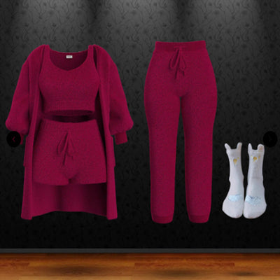 Knitted Plush Long Sleeve Coat Vest Shorts Four-piece Set