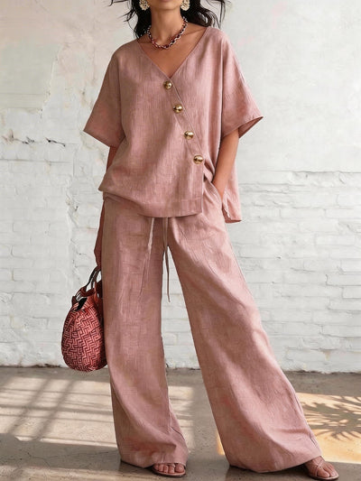 Loose Cotton-Linen V-Neck Wide-Leg Pants Two-Piece Set