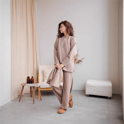 Women's Knitted Sweater Wide Leg Pants Suit