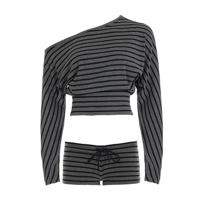 Girls Casual Striped Off-shoulder Long-sleeve Top And Shorts Set