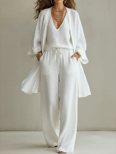Women's V-Neck Cardigan Vest Pockets Long Pants