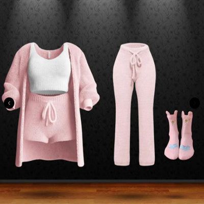 Knitted Plush Long Sleeve Coat Vest Shorts Four-piece Set