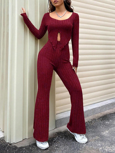 Long Sleeve Top And High Waist Slightly Flared Pants Set