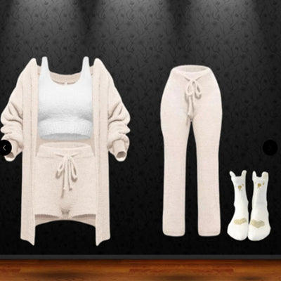 Knitted Plush Long Sleeve Coat Vest Shorts Four-piece Set