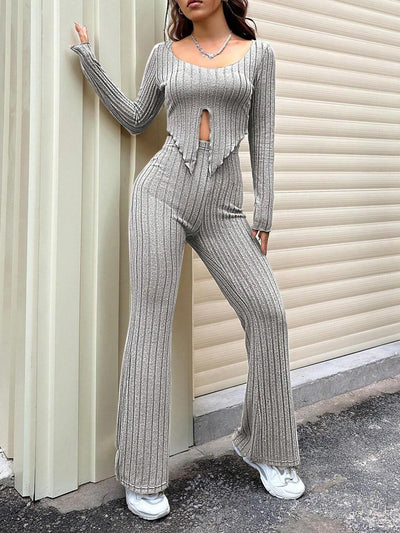 Long Sleeve Top And High Waist Slightly Flared Pants Set