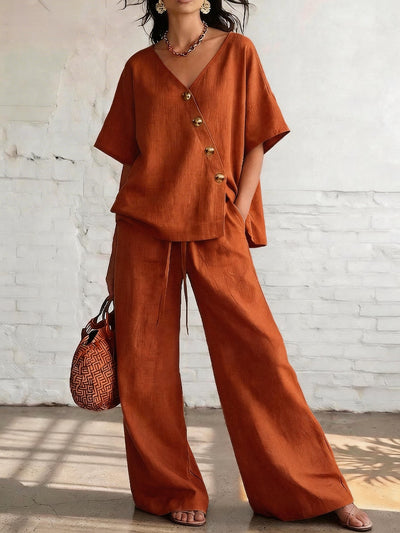 Loose Cotton-Linen V-Neck Wide-Leg Pants Two-Piece Set