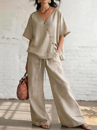 Loose Cotton-Linen V-Neck Wide-Leg Pants Two-Piece Set