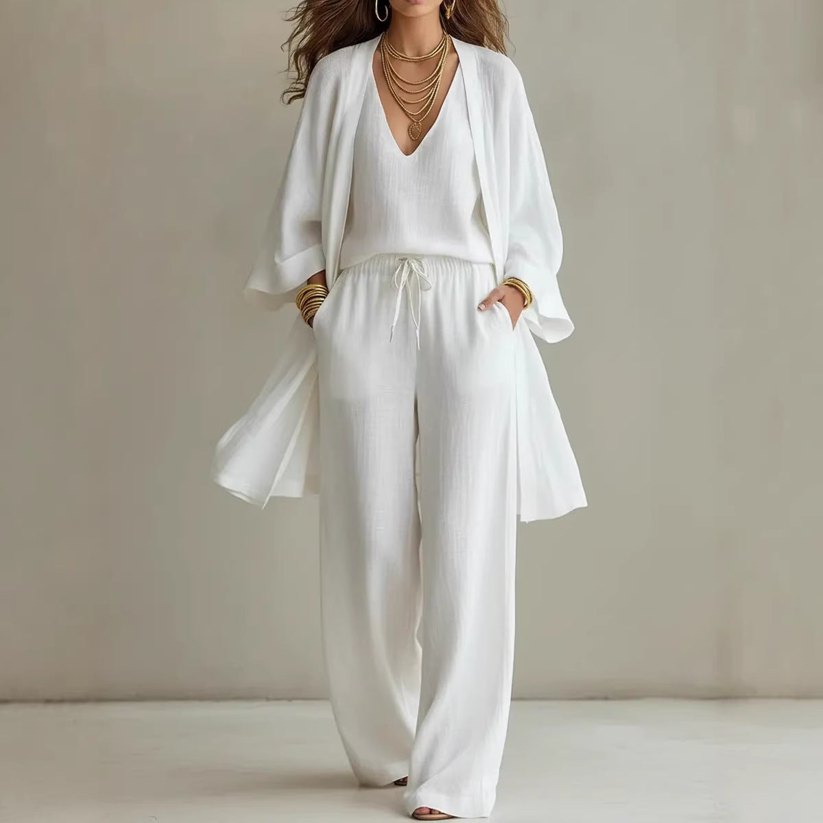 Women's  V-Neck Cardigan Vest With Pockets And Long Pants