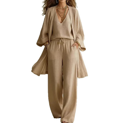 Women's V-Neck Cardigan Vest Pockets Long Pants