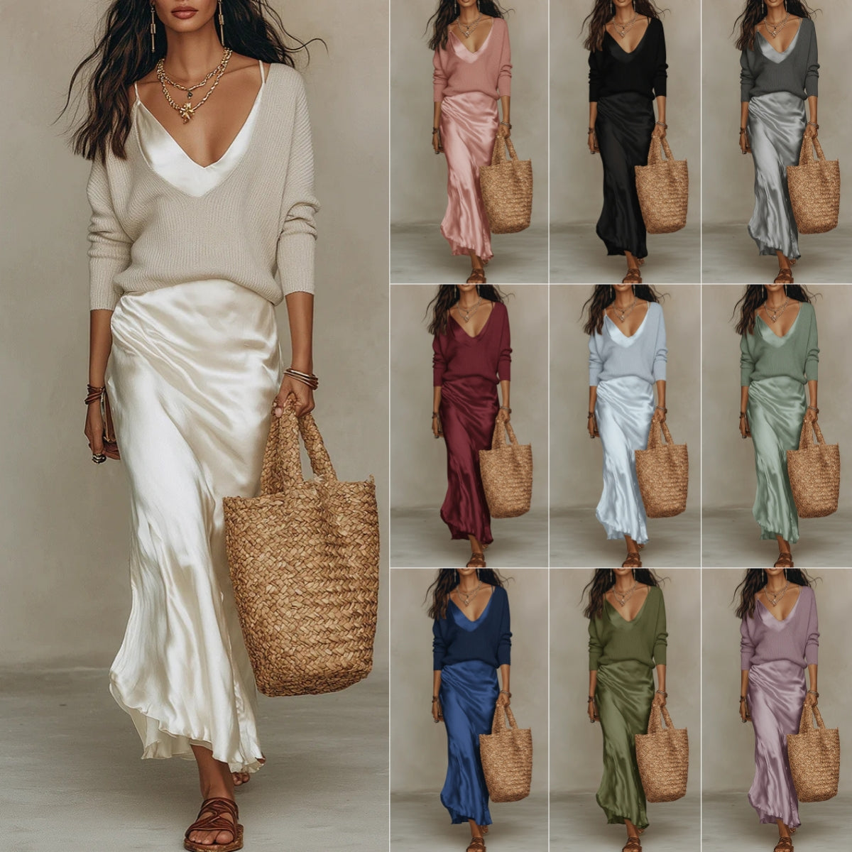 Women's Chic Satin Maxi Dress 2 Pieces Sets