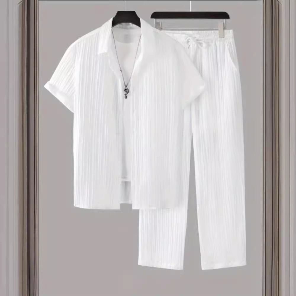 Shirt Breasted Lapel Suit Men Striped Short-sleeved