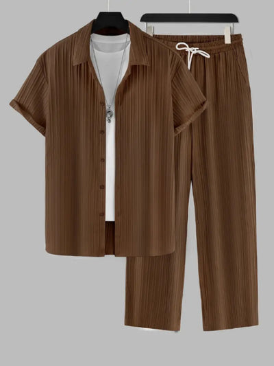 Shirt Breasted Lapel Suit Men Striped Short-sleeved