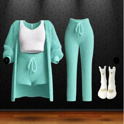 Knitted Plush Long Sleeve Coat Vest Shorts Four-piece Set