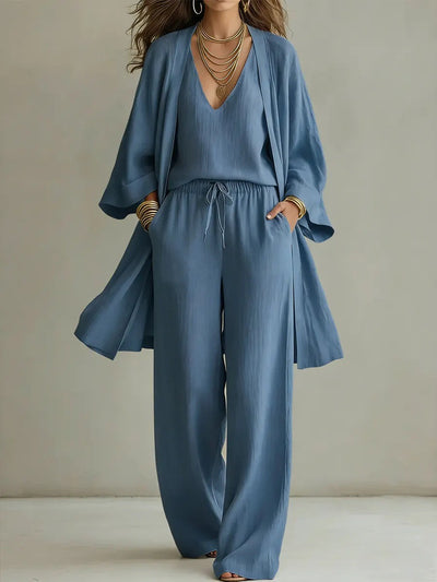 Women's V-Neck Cardigan Vest Pockets Long Pants