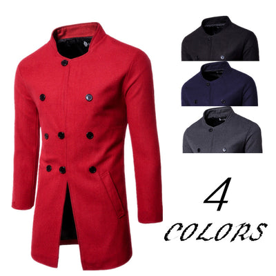 Men's Fashion Slim Neck Three Row Woolen Coat