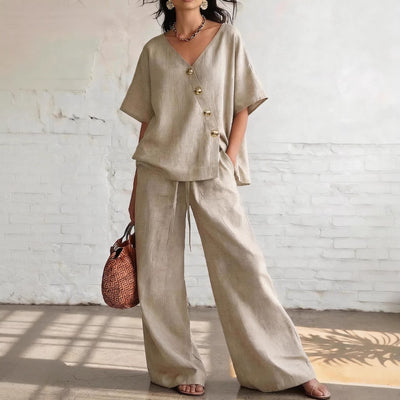 Loose Cotton-Linen V-Neck Wide-Leg Pants Two-Piece Set