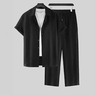 Shirt Breasted Lapel Suit Men Striped Short-sleeved