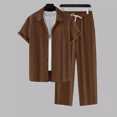 Shirt Breasted Lapel Suit Men Striped Short-sleeved