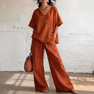 Loose Cotton-Linen V-Neck Wide-Leg Pants Two-Piece Set