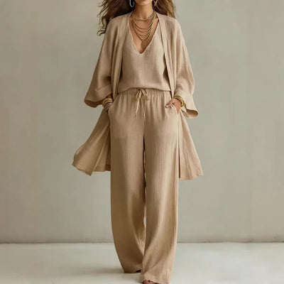 Women's V-Neck Cardigan Vest Pockets Long Pants