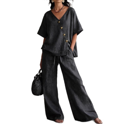 Loose Cotton-Linen V-Neck Wide-Leg Pants Two-Piece Set