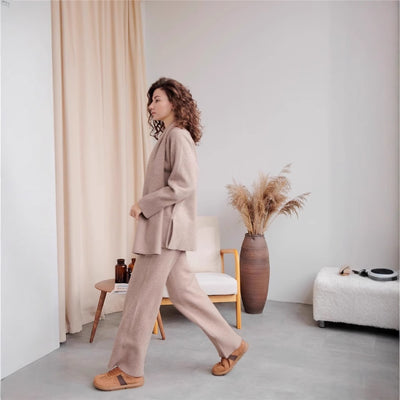 Women's Knitted Sweater Wide Leg Pants Suit