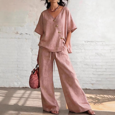 Loose Cotton-Linen V-Neck Wide-Leg Pants Two-Piece Set