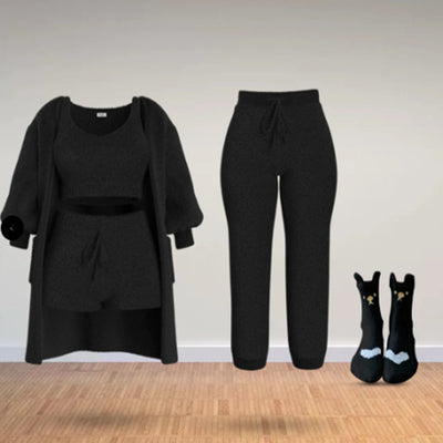 Knitted Plush Long Sleeve Coat Vest Shorts Four-piece Set